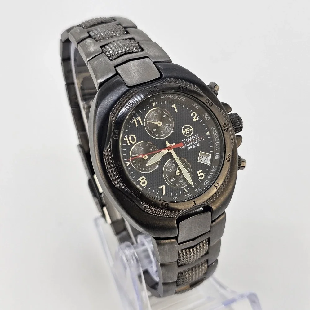 VTG Timex Expedition Chronograph Men Watch 38MM Blue Dial Date 7.75
